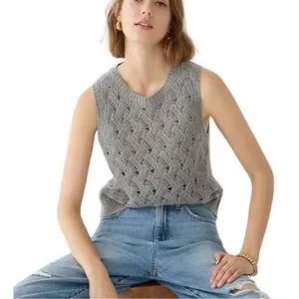 NWT J.Crew 100% Cashmere Pointelle Sweater Shell Heather Ash